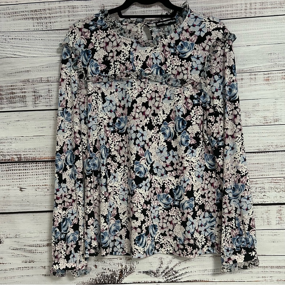 Karl Lagerfeld Black Floral Ruffle Blouse Women’s Large Satin Sheen Long Sleeve